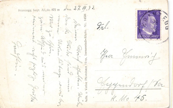 AK Kranzegg (87549) Kranzegg. bayr. Allgäu 875 m, gelaufen am 28.07.1943 (Kranzegg)