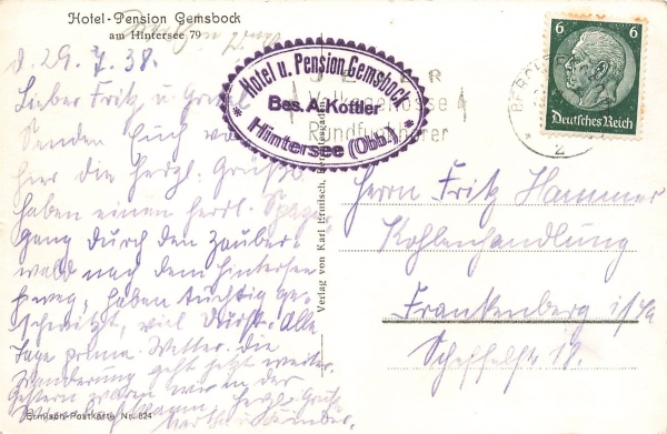AK Hintersee (83486) Hotel- Pension Gemsbock, gelaufen am 29.07.1938 (n. zuerkennen)