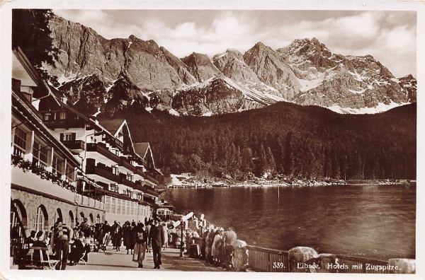 AK Garmisch-Partenkirchen (82467) Eibsee - Hotels mit Zugspitze, gelaufen am 24.08.1938 (Eibsee)