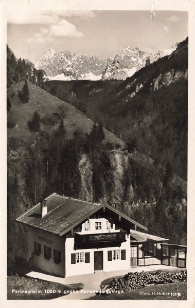 AK Garmisch-Partenkirchen (82467) Partnachalm 1050 m gegen Karwendelgeb, gelaufen am 03.05.1937 (Garmisch)