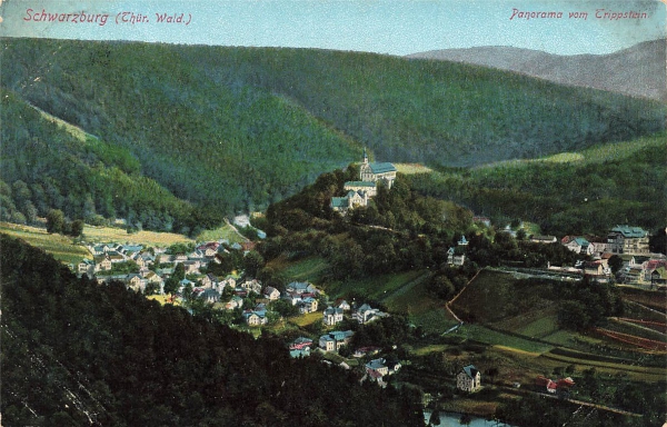 AK Schwarzburg (07427) Panorama vom Trippstein, gelaufen am 17.06.1913 (Königssee)