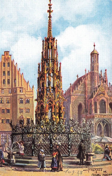 AK Nürnberg  (90403), Schöner Brunnen mit Frauenkirche, n. gelaufen