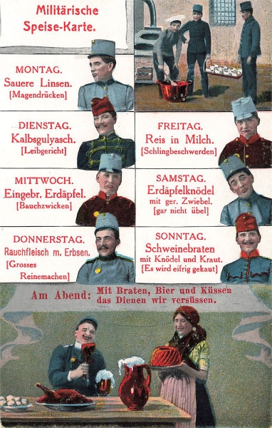 AK 1. Weltkrieg,  Künstlerkarte "Militärische Speise-Karte", n. gelaufen