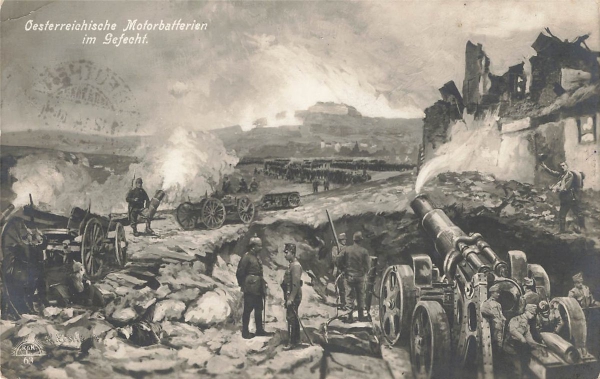 AK Ost. / Ung. Arnmee, Österr. Motorbatterie im Gefecht, Feldpost gelaufen am 14.12.1914