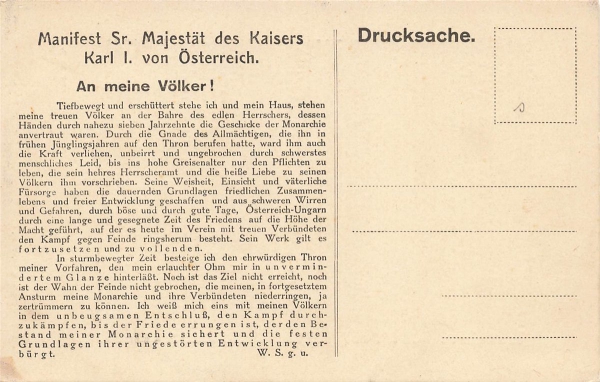AK Manifest Sr. Majestät des Kaisers v. Österreich , n. gelaufen