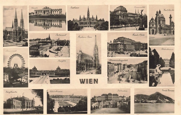 AK Wien (1010), Mehrbildkarte, Ansichten von Wien, gelaufen