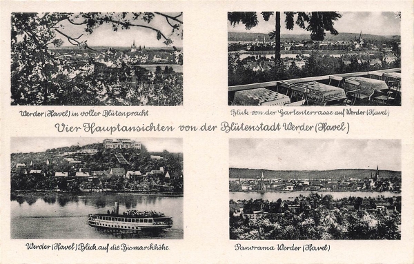 AK Werder (Havel), (14542), Mehrbildkarte, Vier Ansichten von der Blütenstadt... n. gelaufen