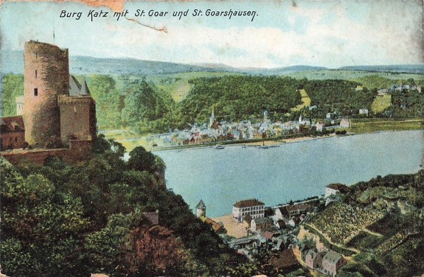 AK St. Goarhausen (56346), Burg Katz mit St. Goar u. St. Goarshausen, n. gelaufen