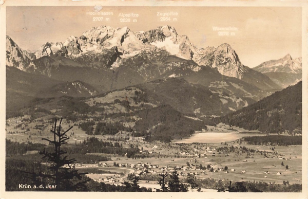 AK Krün (82494), Krün a. d. Jsar, gelaufen am 26.07.1938