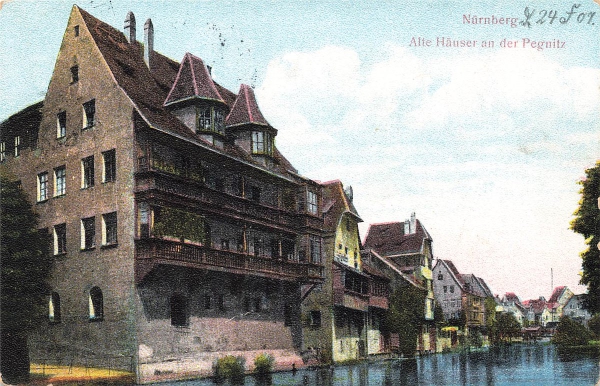 AK Nürnberg (90402), Alte Häuser an der Pegnitz, gelaufen