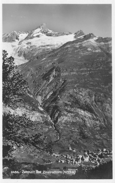 AK Zermatt (CH-3920),"Zermatt und Zinalrothorn", gelaufen am 22.06.1935