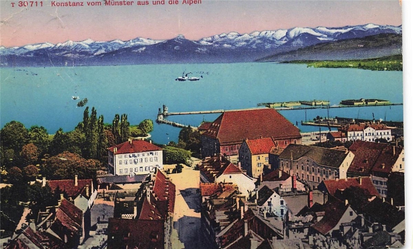AK Konstanz (78462), Konstanz vom Münster aus und die Alpen, gelaufen