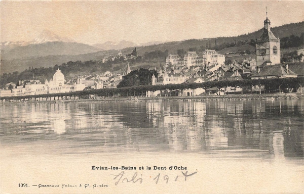 AK Evian (74500), les Bains et la Dent d ´Oche, gelaufen am 27.07.1942