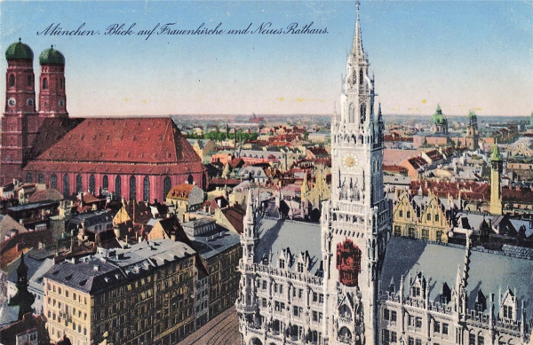 AK München (80331), Blick auf Frsuenkirche und neues Rathaus, n. gelaufen