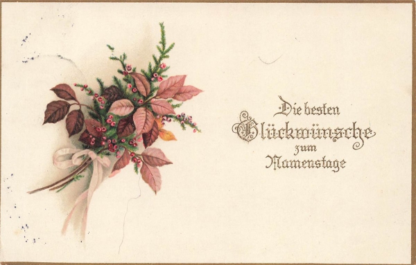 AK Motivkarte, "Die besten Glückwünsche zum Namenstag", gelaufen