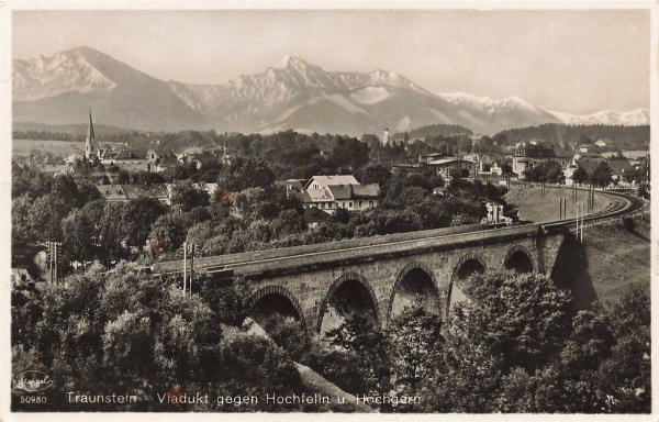 AK Traunstein (83278), Viadukt gegen Hochfellen und Hochgern, gelaufen 18.03.1931