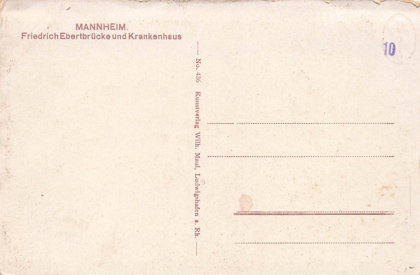 AK Mannheim (68159), Friedrichebertbrücke und Krankenhaus, n. gelaufen