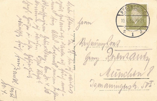 AK Regensburg (93047), Regensburg a. Donau, gelaufen 10.04.1933