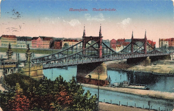 AK Mannheim (68159), Neckarbrücke, gelaufen 03.04.1916