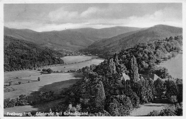 AK Freiburg im Breisgau (79098), Günterstal mit Schauinsland, gelaufen 04.06.1938