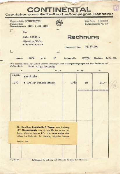 Alte Rechnungen, "Continental, Chemnitz" 1927