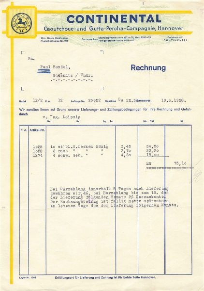 Alte Rechnungen, "Continental, Chemnitz" 19.03.1928