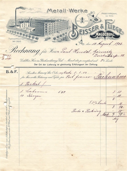 Alte Rechnungen, "Beisser & Fliege, Magdeburg" 13.08.1903