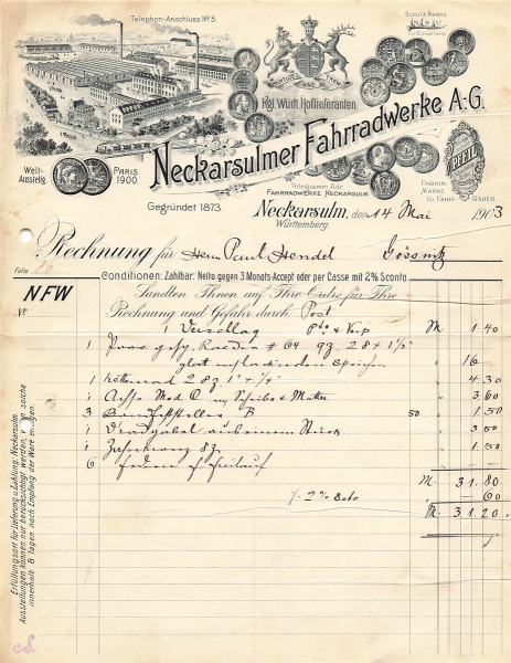 Alte Rechnungen, "Neckasulmer Fahrradwerde A.-G, Neckarsulm" 14.05.1903