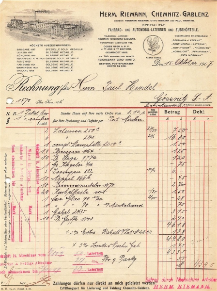 Alte Rechnungen, "Herm. Riemann, Chemnitz-Gablenz" 15.10.1907