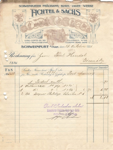 Alte Rechnungen, "Fichtel & Sachs, Schweinfurt a.M." 26.10.1906