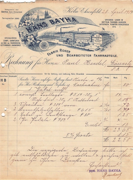 Alte Rechnungen, "Hans Bayha, Köln-Ehrenfeld" 28.04.1904