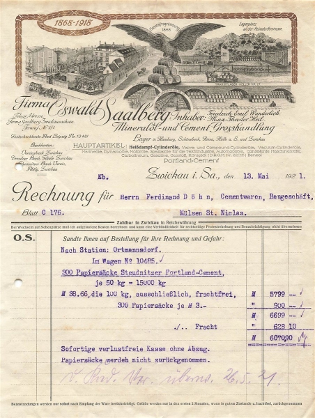 Alte Rechnungen, "Oswald Saalberg, Zwickau i.S." 13.05.1921