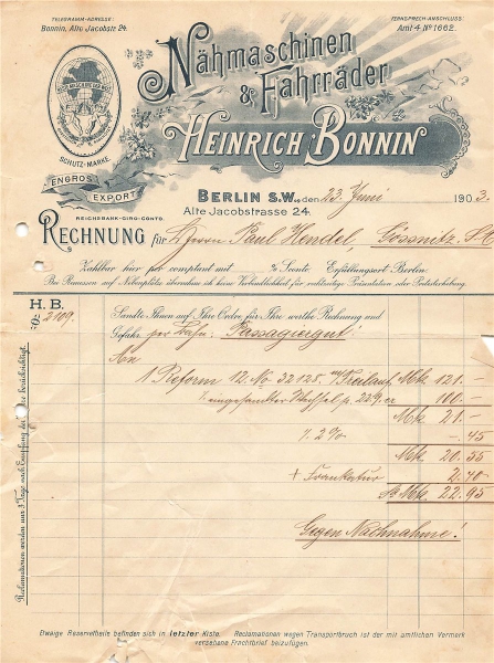 Alte Rechnungen, "Heinrich Bonnin, Berlin s.w." 23.06.1903