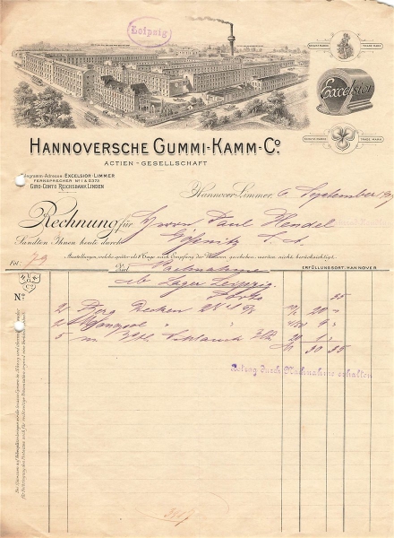 Alte Rechnungen, "Hannoversche Gummi-Kamm -Co., Hannover-Limmer" 06.09.1903