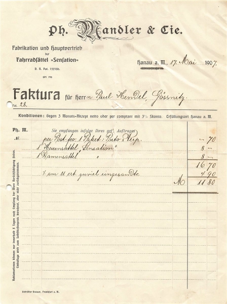 Alte Rechnungen, "Ph. Wandler & Cie., Hanau" 17.05.1907