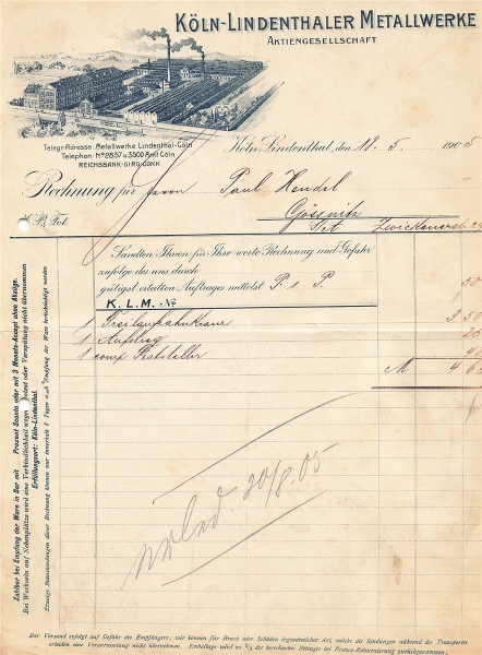 Alte Rechnungen, "Köln-Lindenthaler Metallwerke, Köln-Lindenthal" 18.05.1905