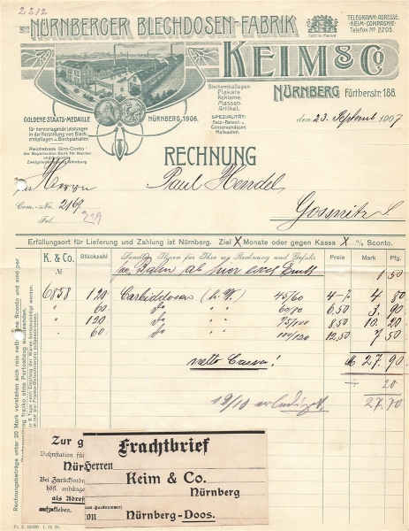 Alte Rechnungen, "Keim & Co., Nürnberg" 23.09.1907