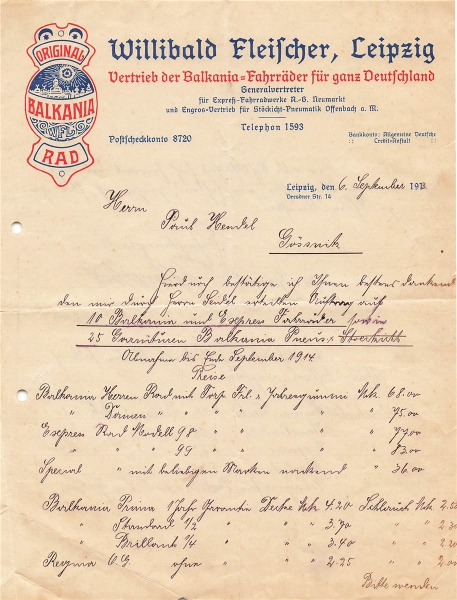 Alte Rechnungen, "Willibald Fleischer, Leipzig" 06.09.1913