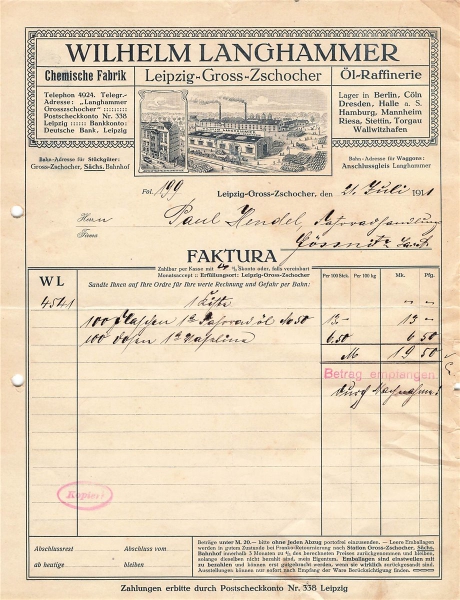 Alte Rechnungen, "Wilhelm Langhammer, Gross-Zschocher" 21.07.1911