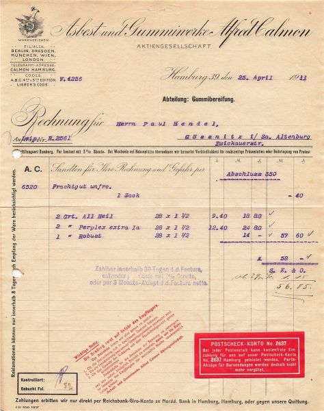 Alte Rechnungen, "Asbest-u. Gummiwerke Alfred Calon, Hamburg" 25.04.1911