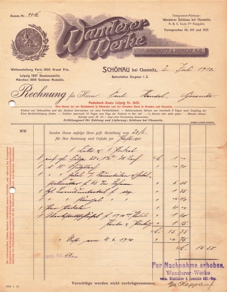 Alte Rechnungen, "Wanderer Werke, Schönau b. Chemnitz" 02.07.1910