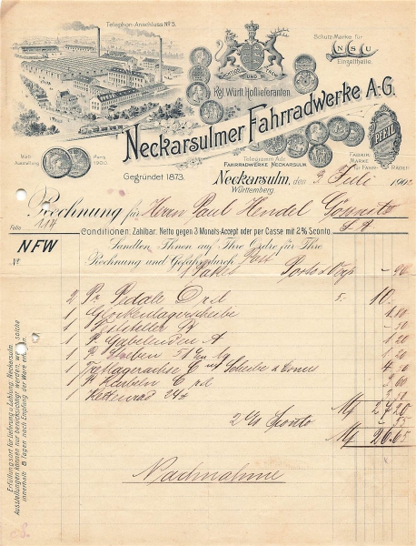Alte Rechnungen, "Neckasulmer Fahrradwerde A.-G, Neckarsulm" 03.07.1902
