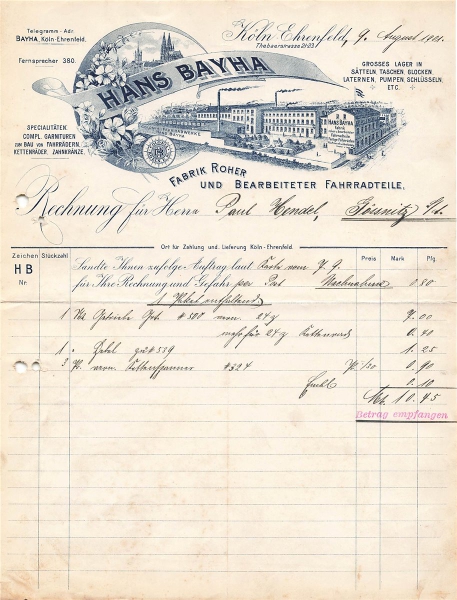 Alte Rechnungen, "Hans Bayha, Köln-Ehrenfeld" 09.08.1901