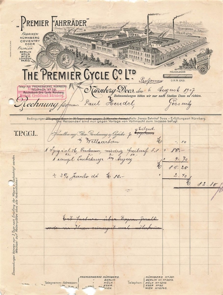Alte Rechnungen, "The Premier Cycle Co. Ltd., Nürnberg-Doss" 06.08.1907