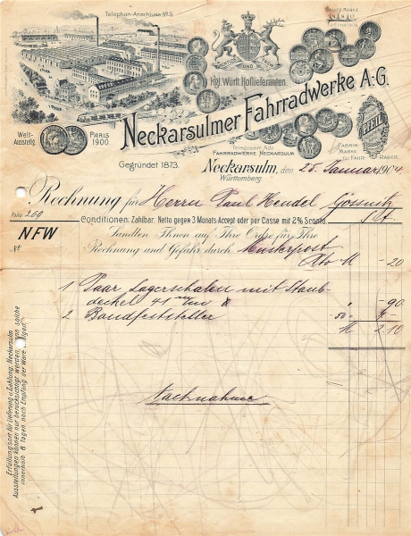 Alte Rechnungen, "Neckasulmer Fahrradwerde A.-G, Neckarsulm" 25.01.1904
