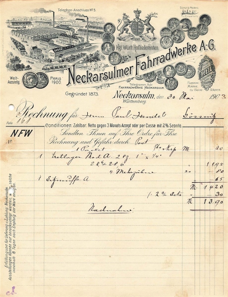 Alte Rechnungen, "Neckasulmer Fahrradwerde A.-G, Neckarsulm" 30.05.1903