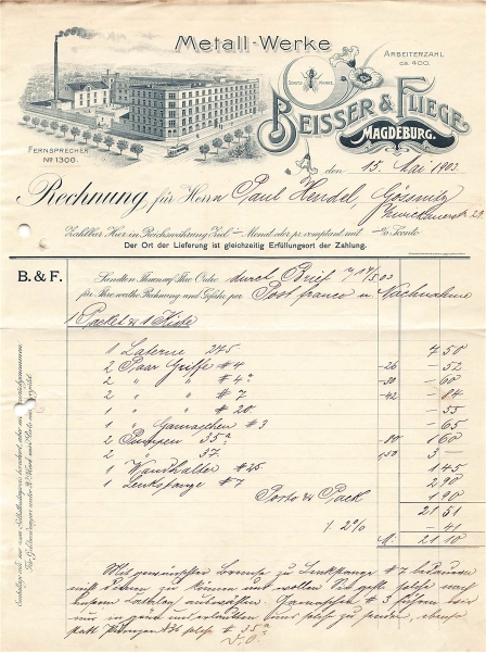 Alte Rechnungen, "Beisser & Fliege, Magdeburg" 15.05.1903