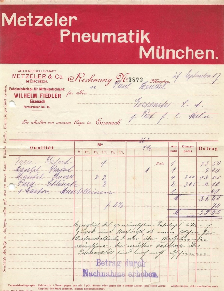 Alte Rechnungen, "Metzeler Pneumatik, München" 27.09.1907