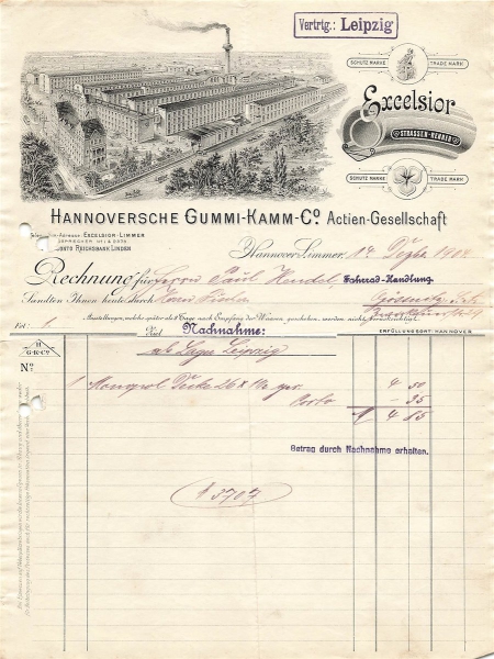 Alte Rechnungen, "Hannoversche Gummi-Kamm -Co., Hann.-Limmer" 14.12.1904