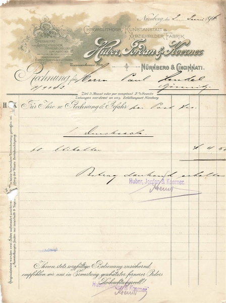 Alte Rechnungen, "Huber, Fordan & Köerner, Nürnberg" 02.06.1906